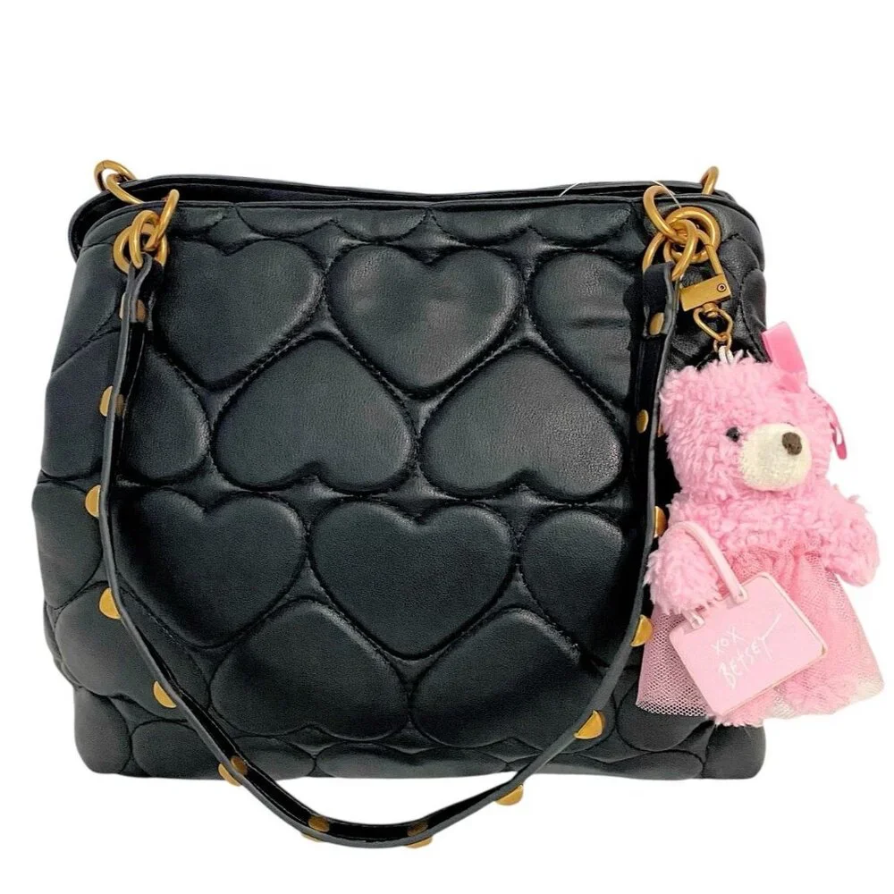 Betsey Johnson Black Heart Quilted Satchel Handbag Purse With Pink Bear Charm - Picture 4 of 12